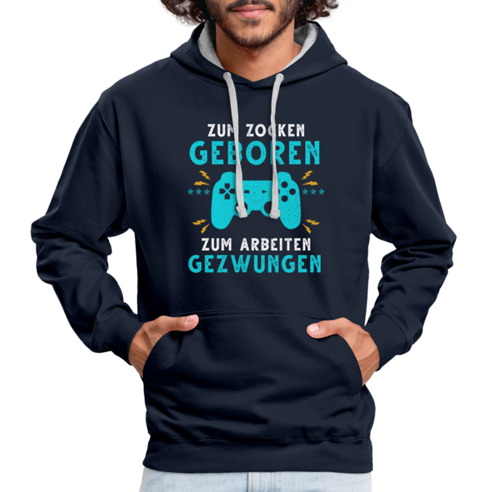 Gamer zum Zocken geboren zur Arbeit gezwungen Gaming Hoodie - Navy/Grau meliert