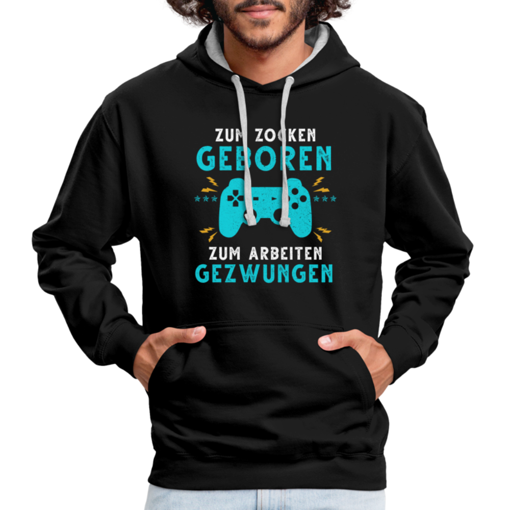 Gamer zum Zocken geboren zur Arbeit gezwungen Gaming Hoodie - Schwarz/Grau meliert