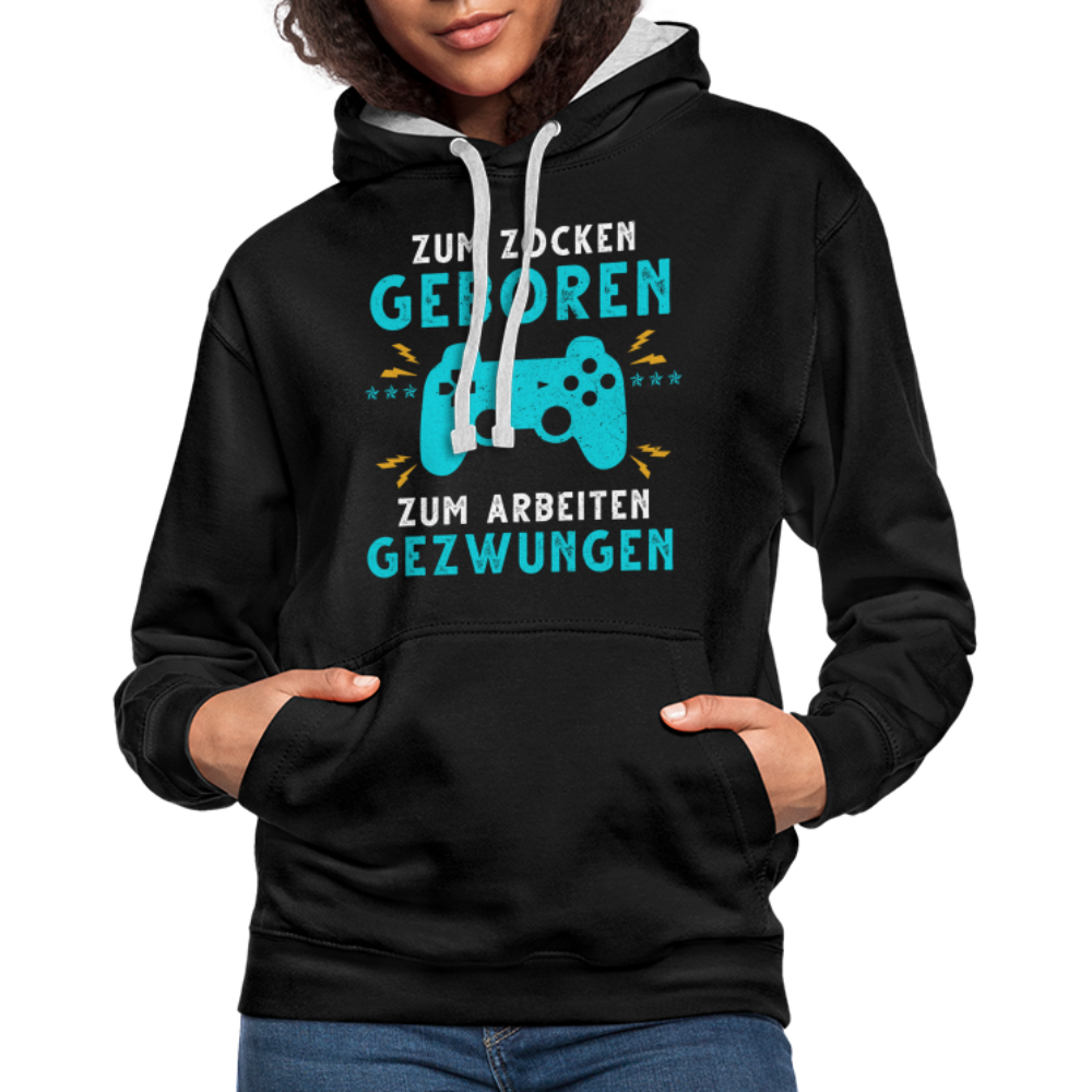 Gamer zum Zocken geboren zur Arbeit gezwungen Gaming Hoodie - Schwarz/Grau meliert