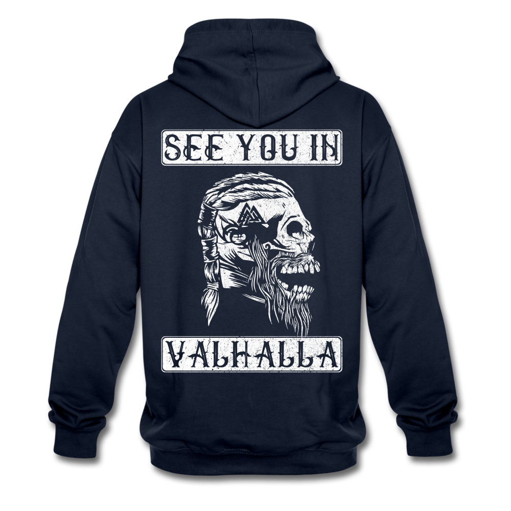 Wikinger Totenkopf See You In Valhalla Hoodie Rückendruck - Navy/Rot