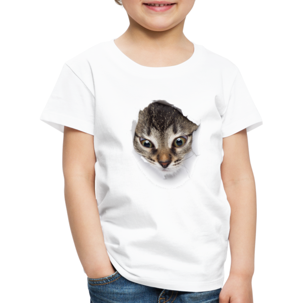 Süße Katze schaut durch zerrissenes Shirt Kinder Premium T-Shirt - Weiß