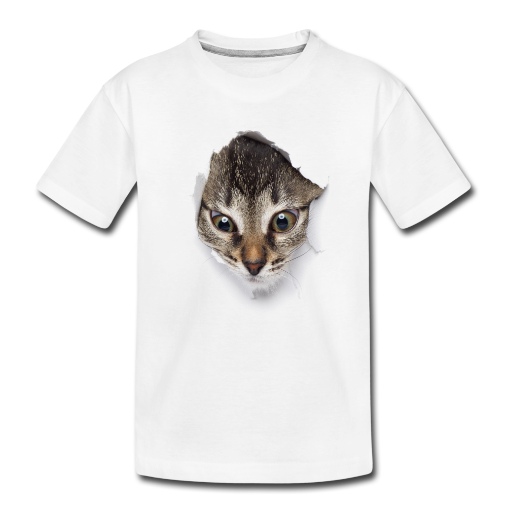 Süße Katze schaut durch zerrissenes Shirt Kinder Premium T-Shirt - Weiß