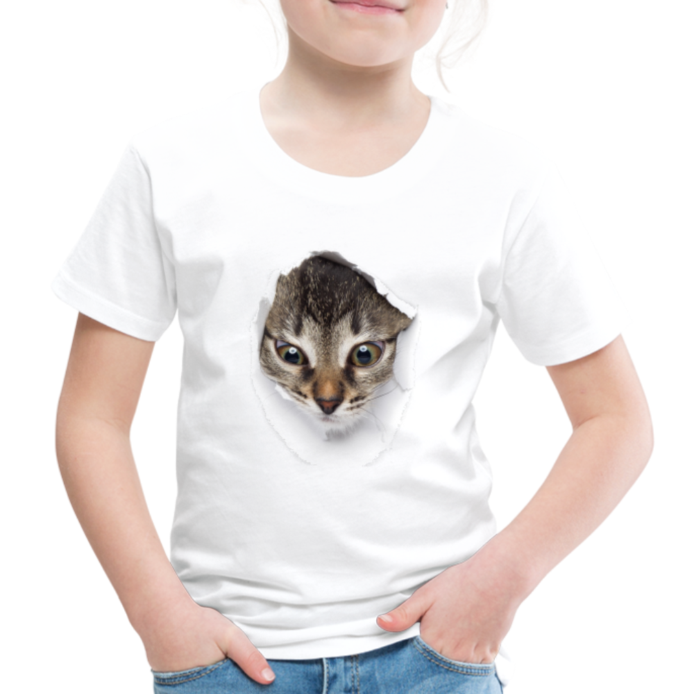 Süße Katze schaut durch zerrissenes Shirt Kinder Premium T-Shirt - Weiß