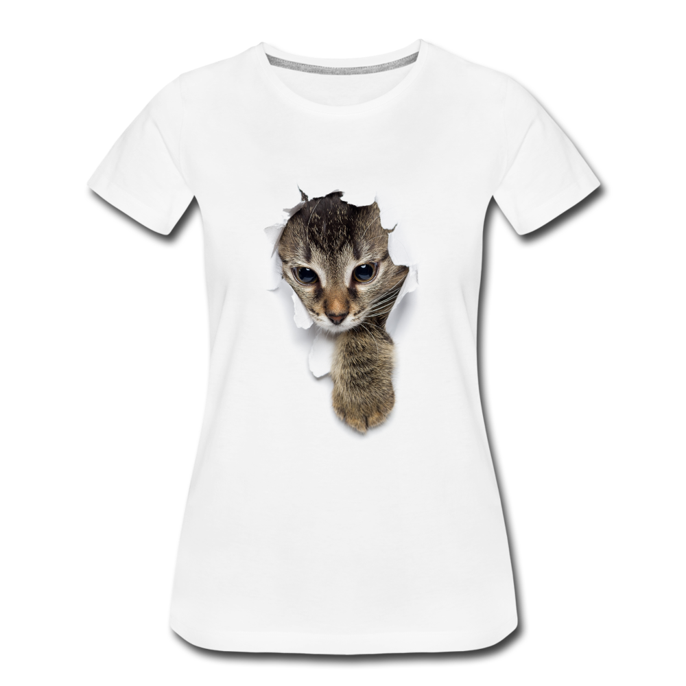 Süße Katze schaut durch zerrissenes Shirt Frauen Premium T-Shirt - Weiß