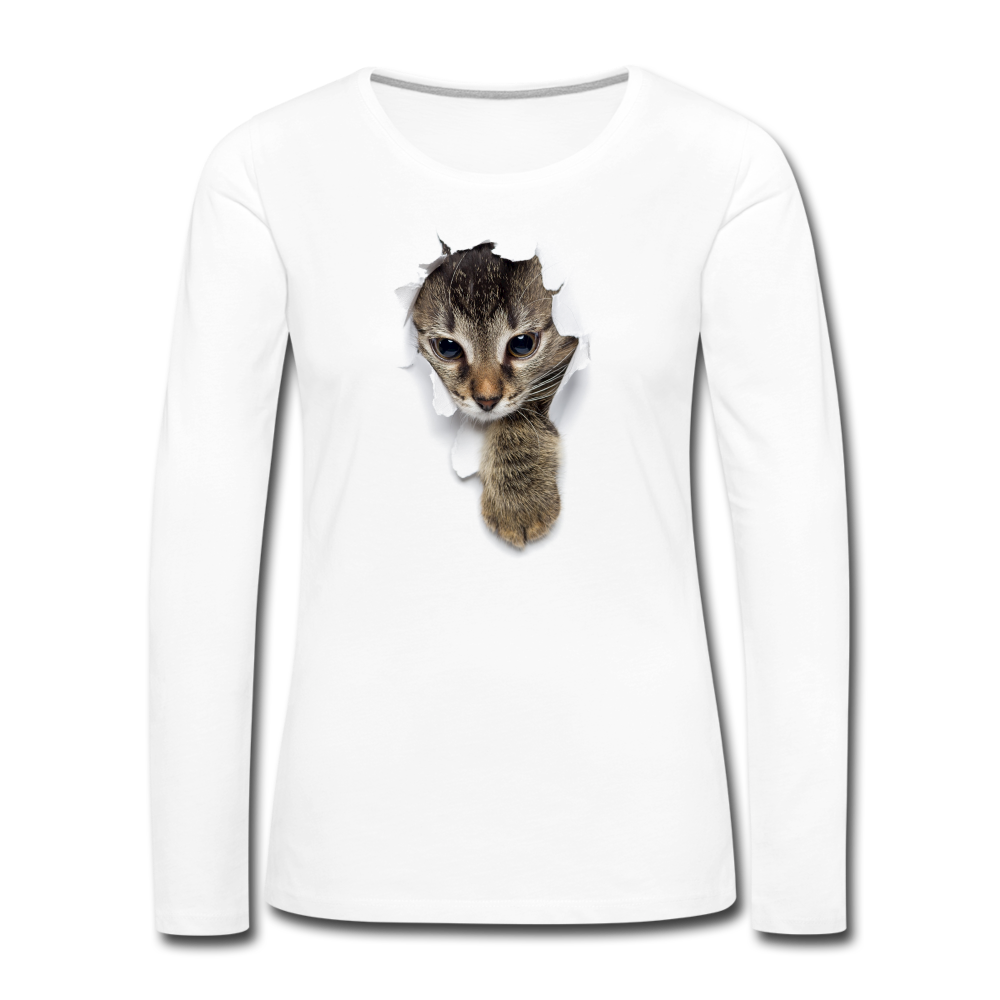Süße Katze schaut durch zerrissenes Shirt Frauen Premium Langarmshirt - Weiß