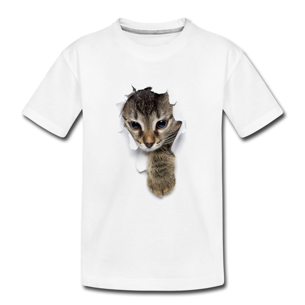 Süße Katze schaut durch zerrissenes Shirt Kinder Premium T-Shirt - Weiß