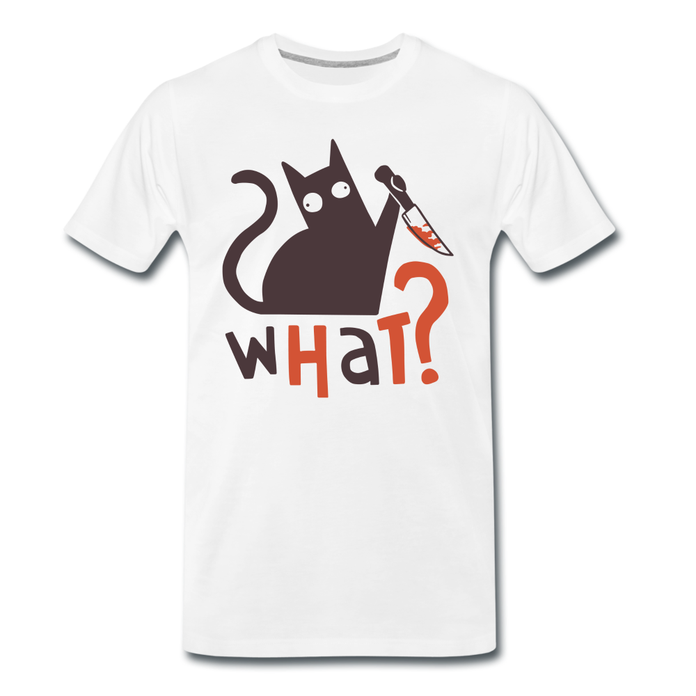 Lustiges Katzen T-Shirt Katze mit Messer WHAT? Geschenkidee - Weiß