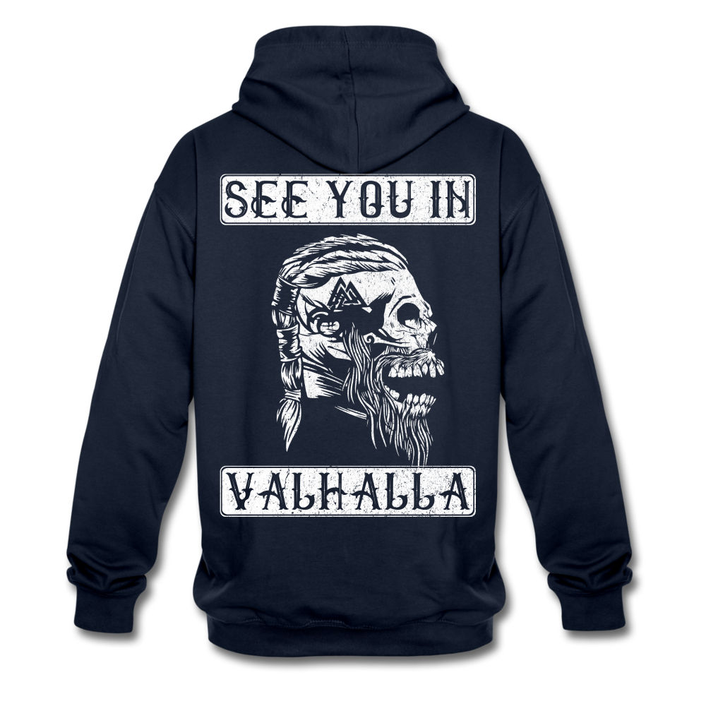 Wikinger Viking Totenkopf See You in Valhalla Hoodie - Navy/Rot