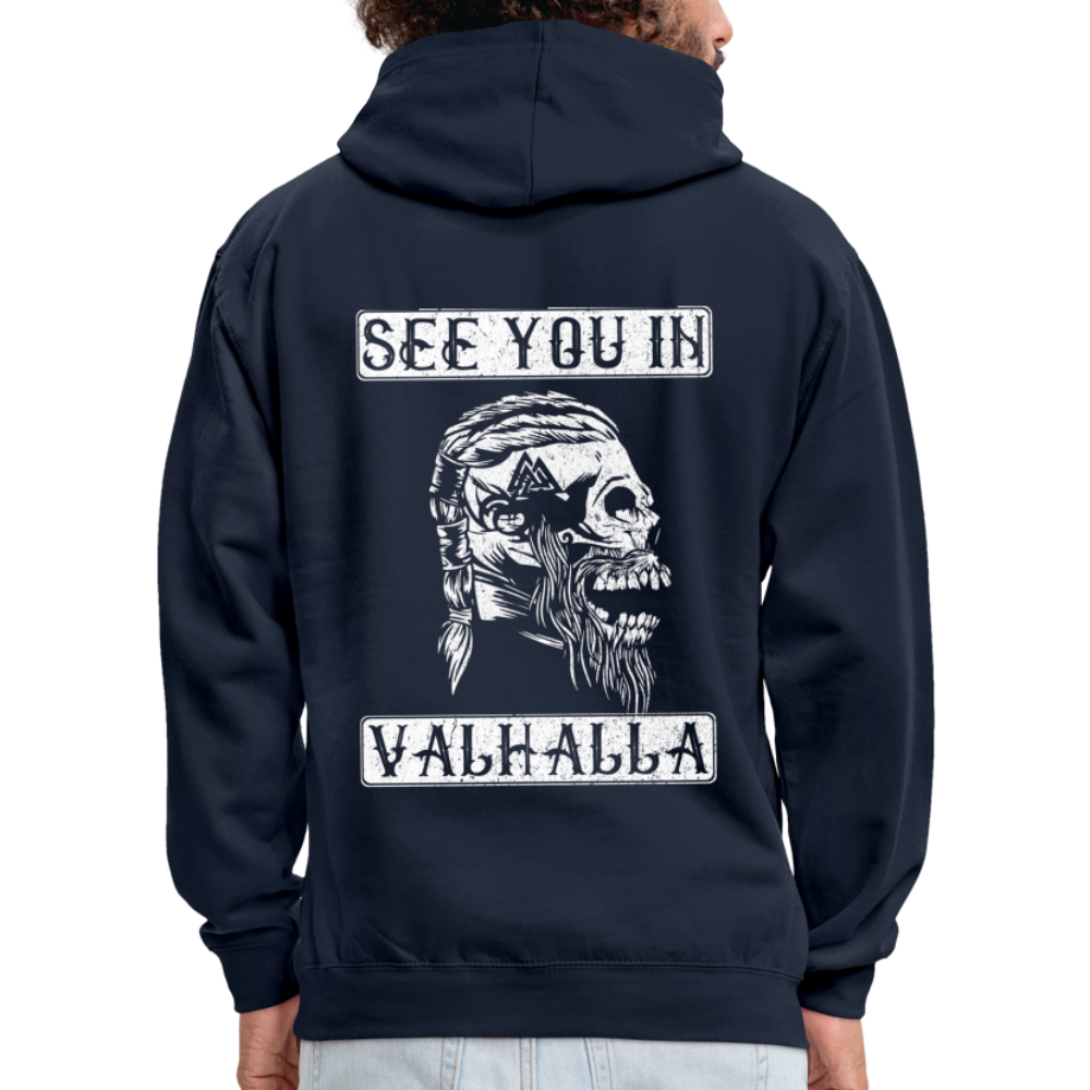 Wikinger Viking Totenkopf See You in Valhalla Hoodie - Navy/Grau meliert