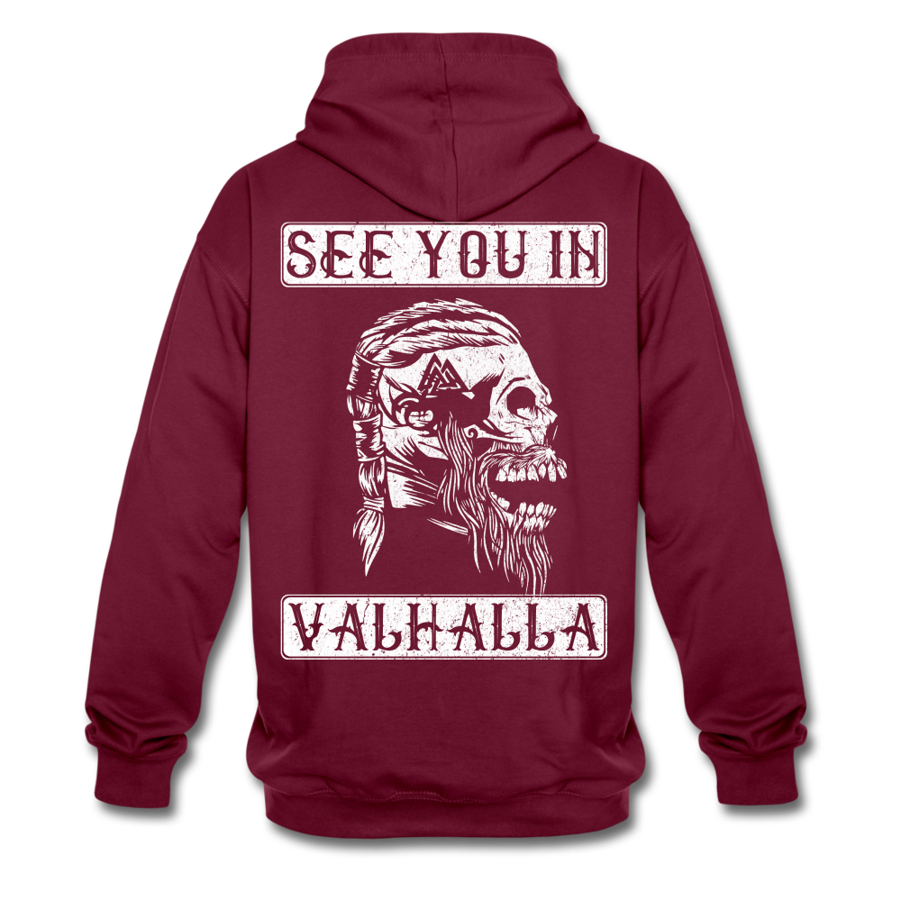 Wikinger Viking Totenkopf See You in Valhalla Hoodie - Weinrot/Anthrazit