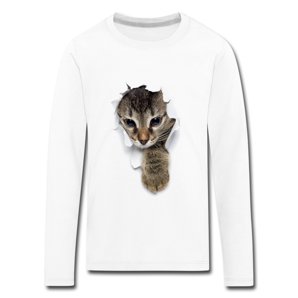 Süße Katze schaut durch zerrissenes  Shirt Kinder Premium Langarmshirt - Weiß