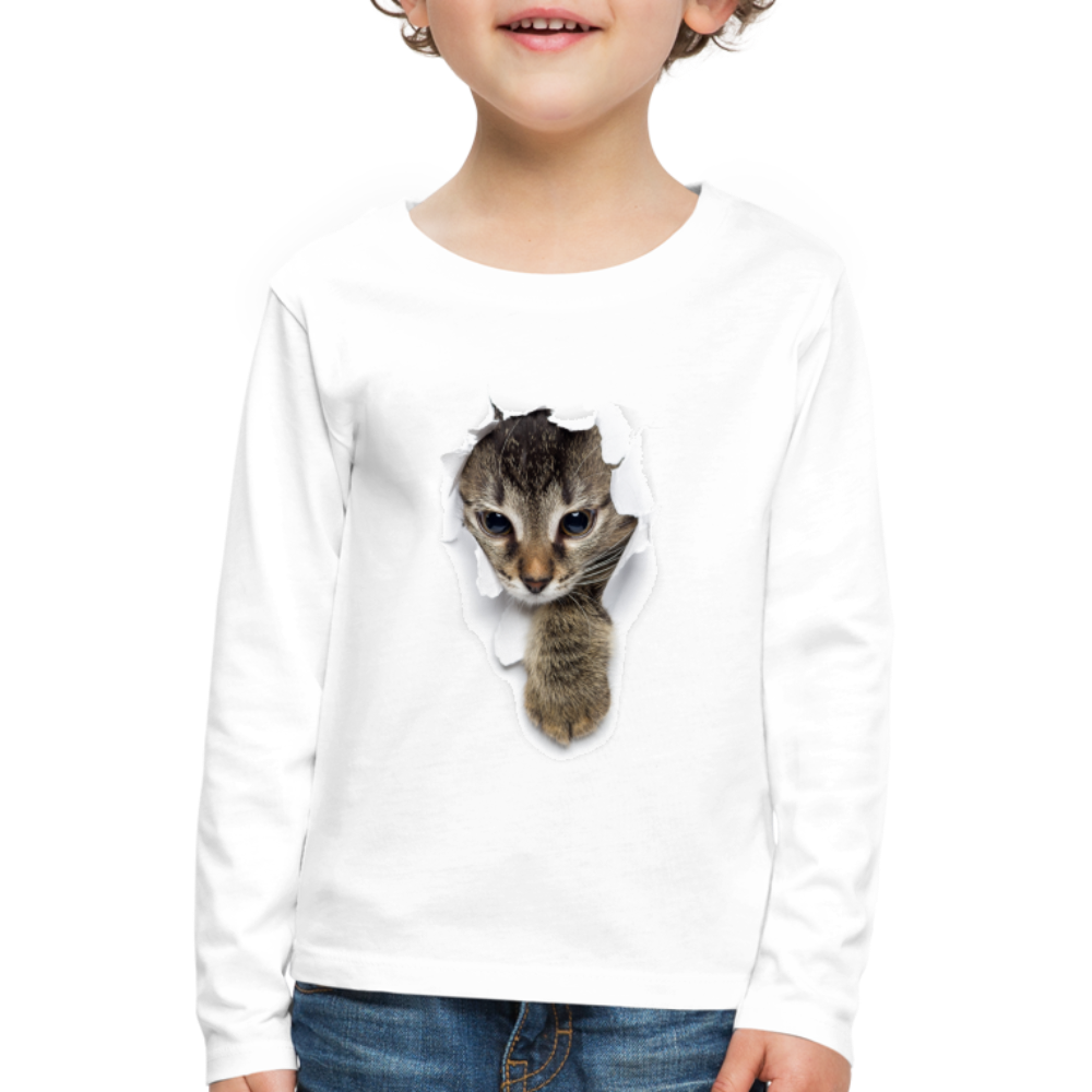 Süße Katze schaut durch zerrissenes  Shirt Kinder Premium Langarmshirt - Weiß