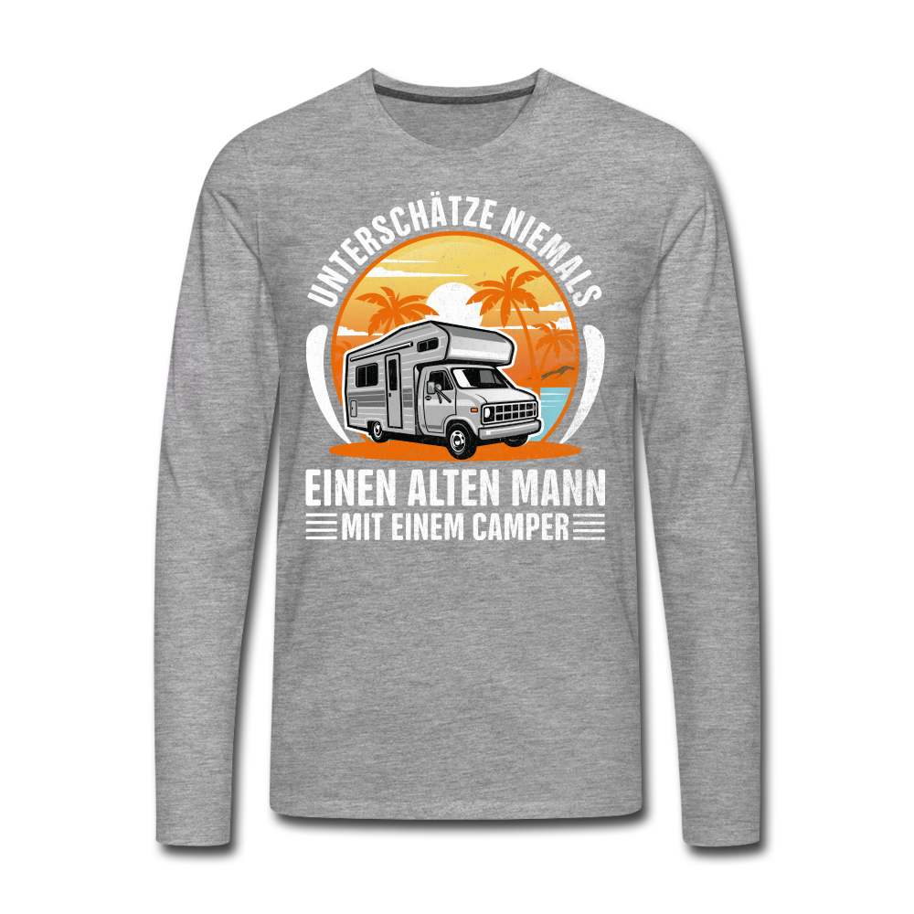 Alter Mann mit Camper Wohnmobil Womo Lustiges Premium Langarmshirt - heather grey