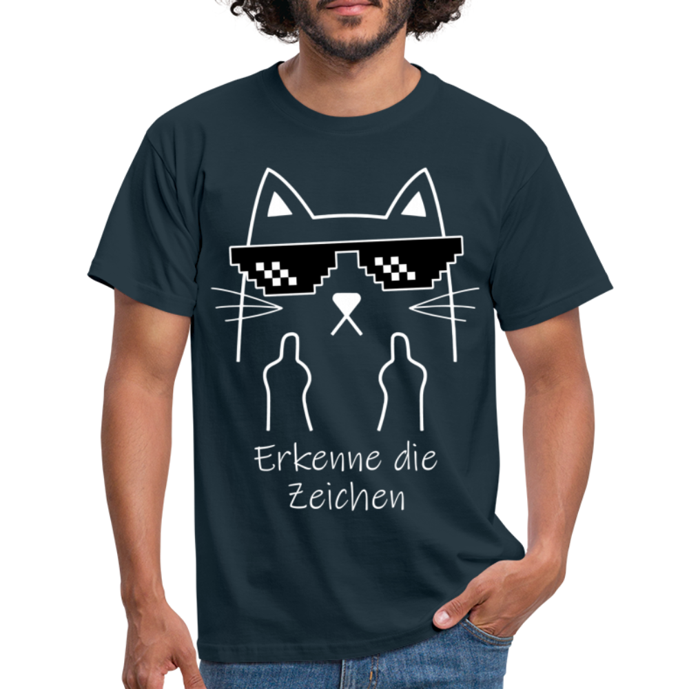 Katze Meme Shirt Stinkefinger - Erkenne die Zeichen Lustiges T-Shirt - navy