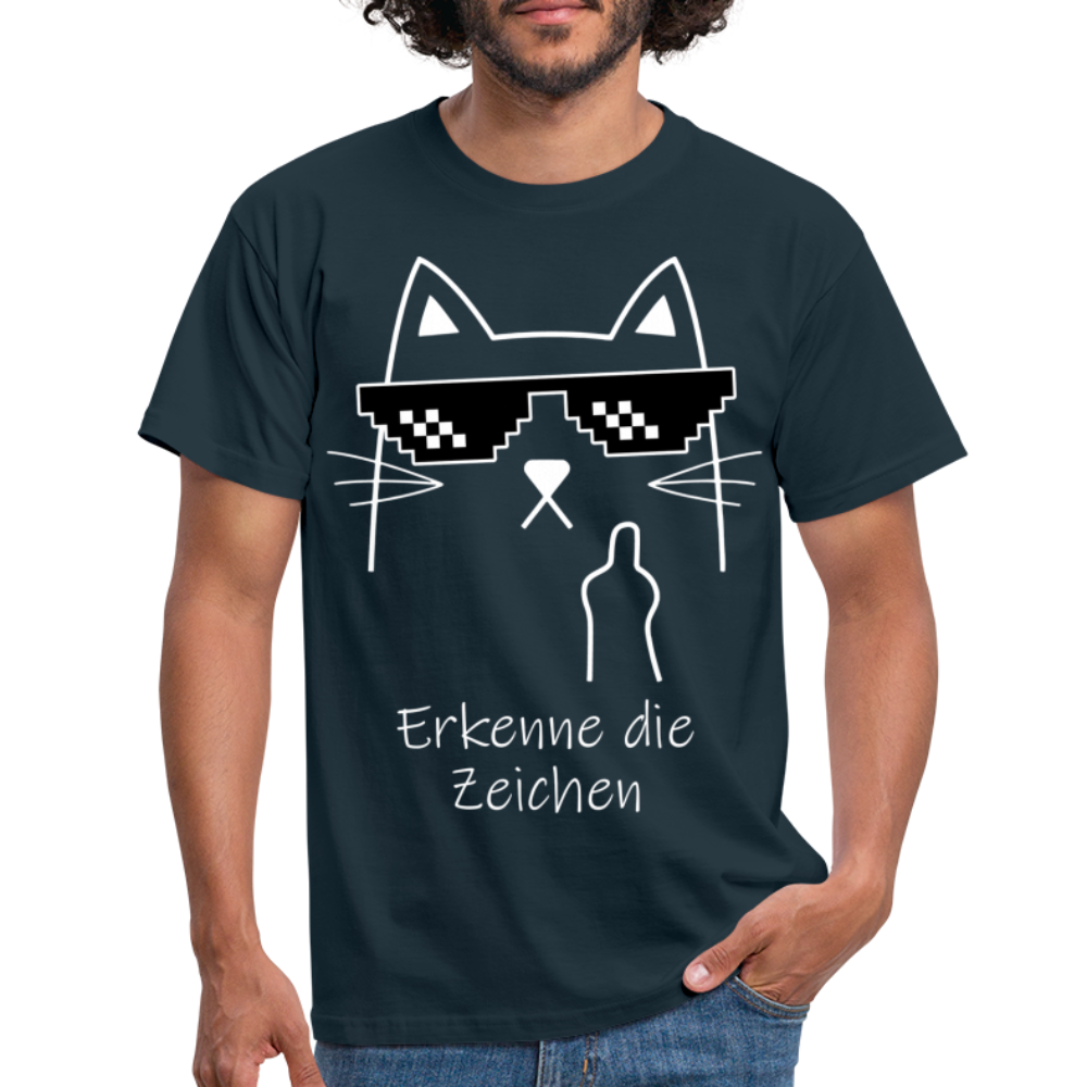Katze Meme Shirt Stinkefinger - Erkenne die Zeichen Lustiges T-Shirt - navy