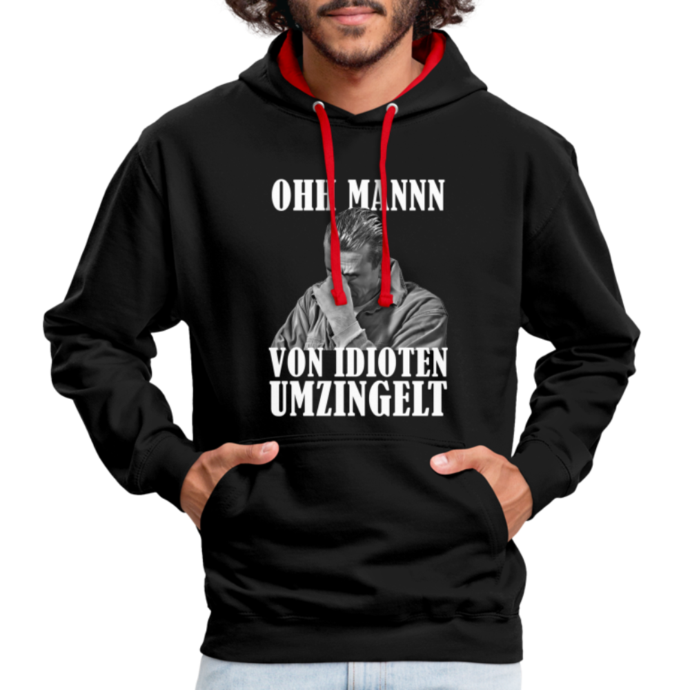 Werkstatt Mechaniker Hoodie- Von Idioten umzingelt Lustiger Kontrast-Hoodie - Schwarz/Rot