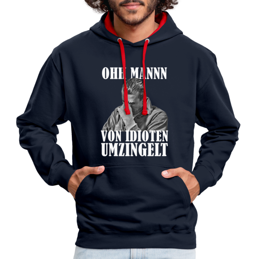 Werkstatt Mechaniker Hoodie- Von Idioten umzingelt Lustiger Kontrast-Hoodie - Navy/Rot