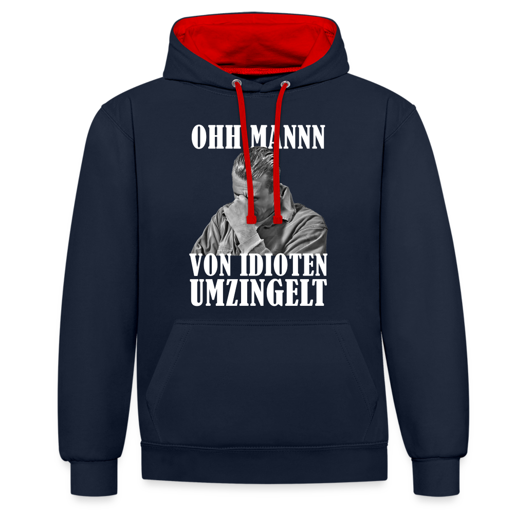 Werkstatt Mechaniker Hoodie- Von Idioten umzingelt Lustiger Kontrast-Hoodie - Navy/Rot