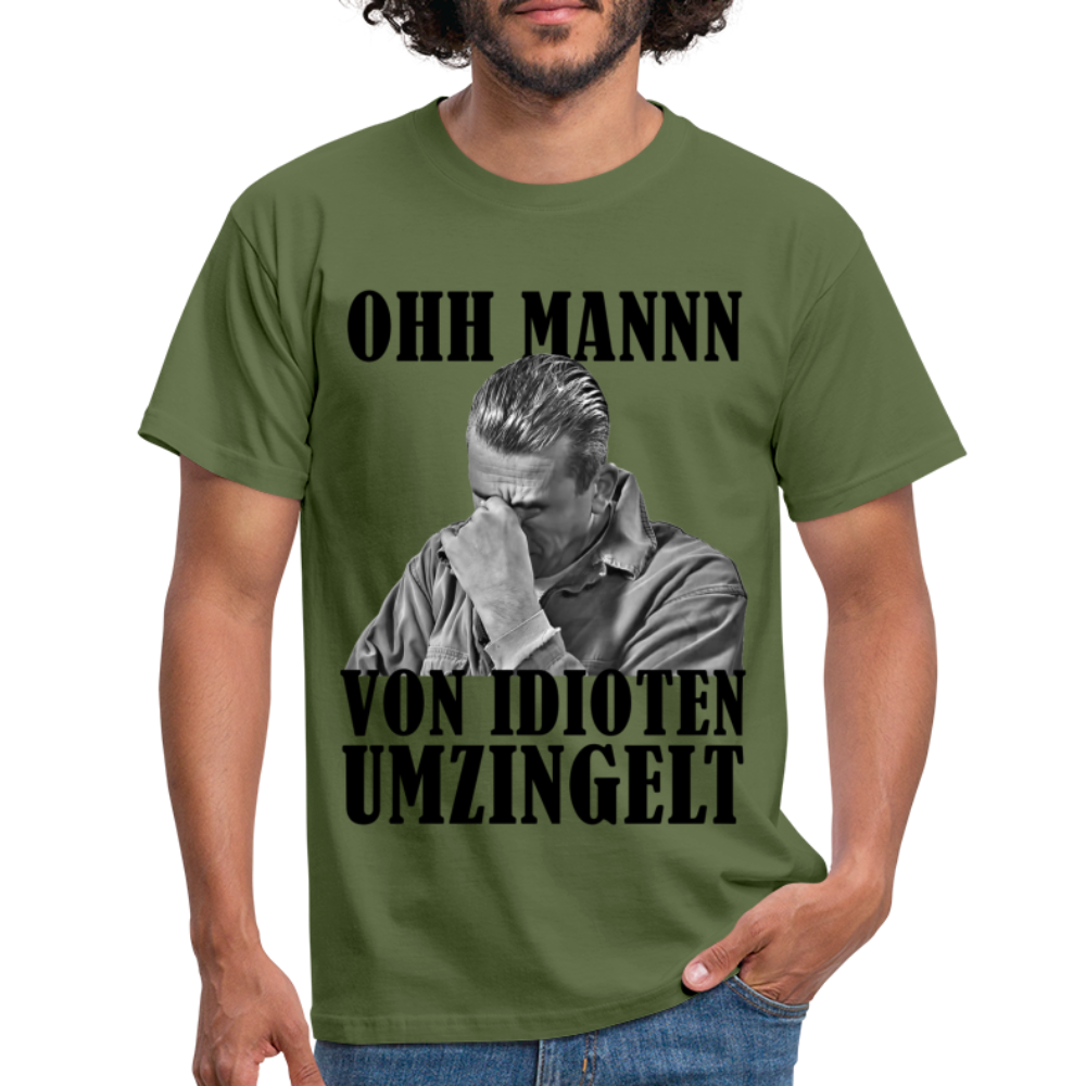 Werkstatt Mechaniker T-Shirt - Von Idioten umzingelt Lustiges T-Shirt - Militärgrün
