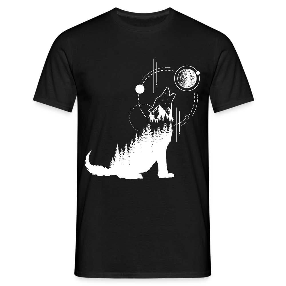 Heulender Wolf Mond Natur Geometrisch T-Shirt - Schwarz