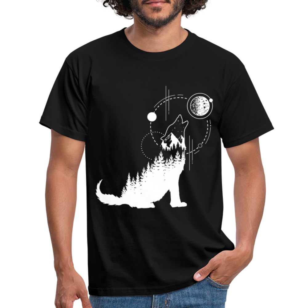 Heulender Wolf Mond Natur Geometrisch T-Shirt - Schwarz