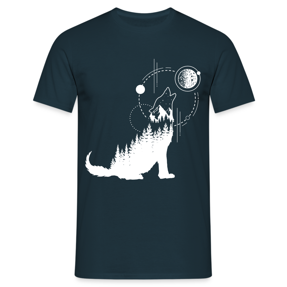 Heulender Wolf Mond Natur Geometrisch T-Shirt - Navy