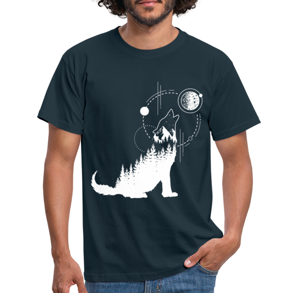 Heulender Wolf Mond Natur Geometrisch T-Shirt - Navy