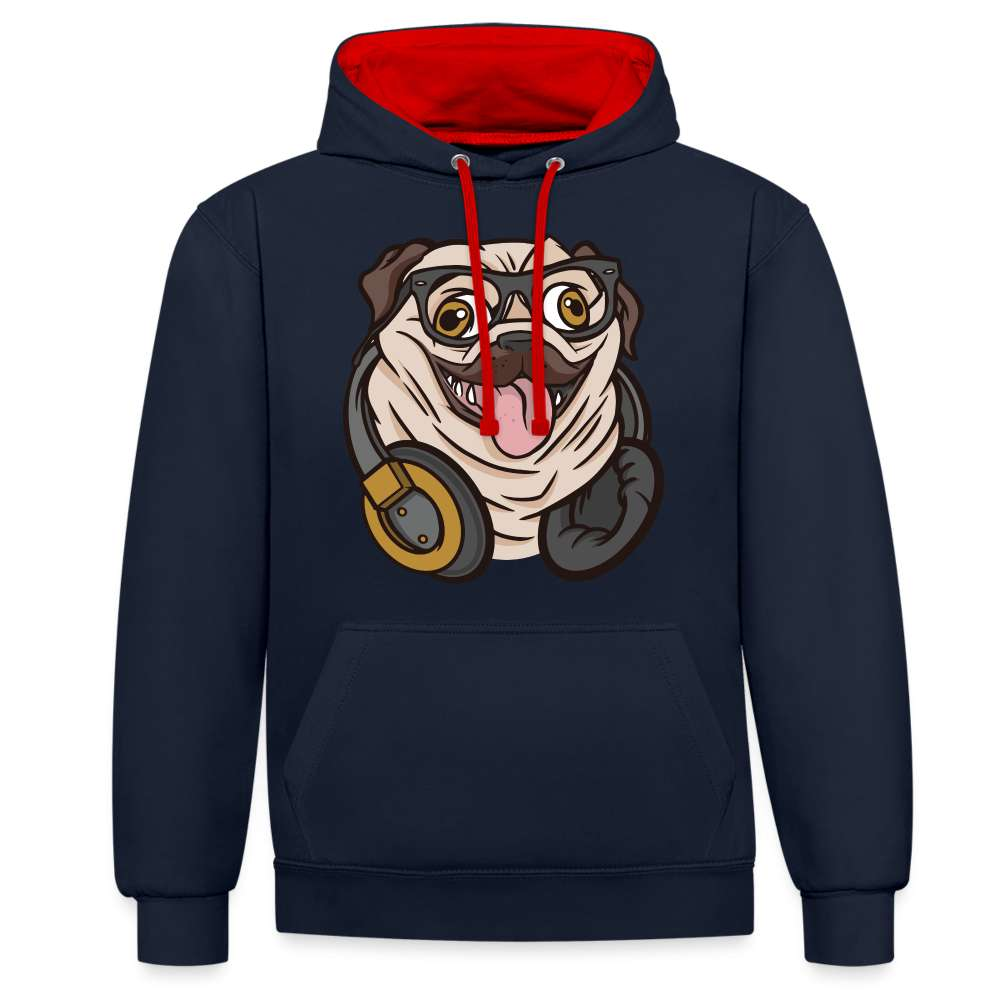 Lustiger Mops Hund mit Kopfhörern Hoodie - Navy/Rot