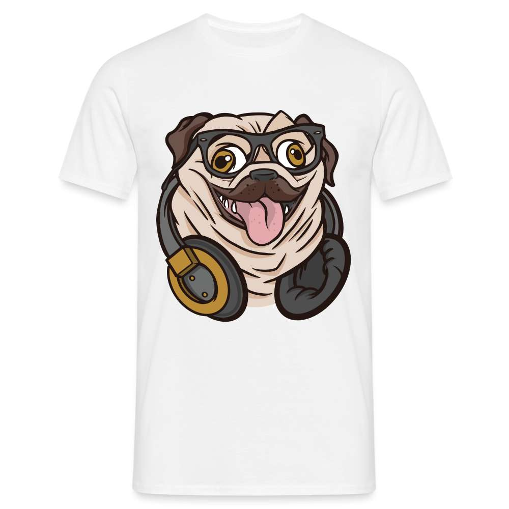 Lustiger Mops Hund mit Kopfhörern T-Shirt - weiß