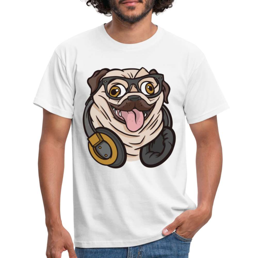 Lustiger Mops Hund mit Kopfhörern T-Shirt - weiß