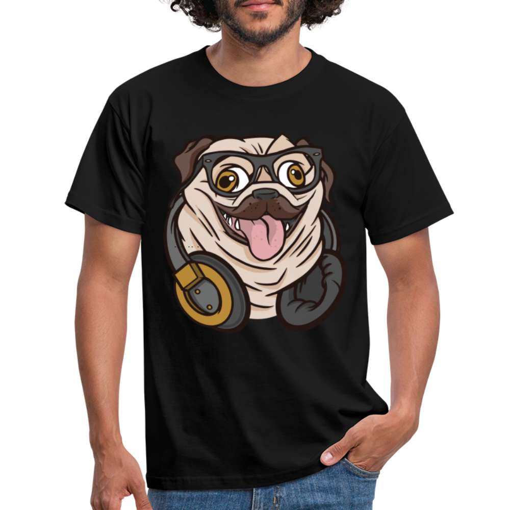 Lustiger Mops Hund mit Kopfhörern T-Shirt - Schwarz