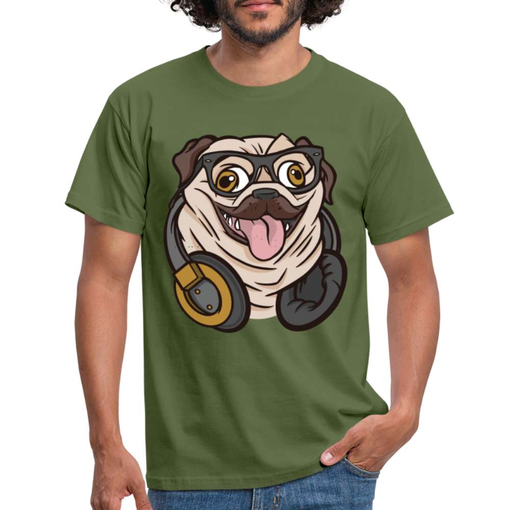 Lustiger Mops Hund mit Kopfhörern T-Shirt - Militärgrün
