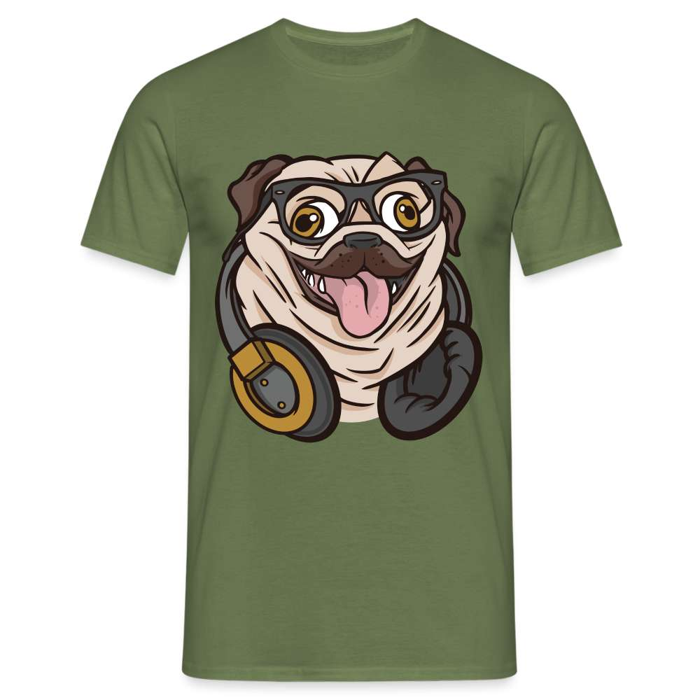 Lustiger Mops Hund mit Kopfhörern T-Shirt - Militärgrün