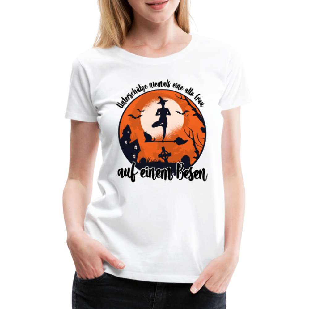 Halloween Hexe Yoga auf Besen Lustiges Frauen Premium T-Shirt - weiß
