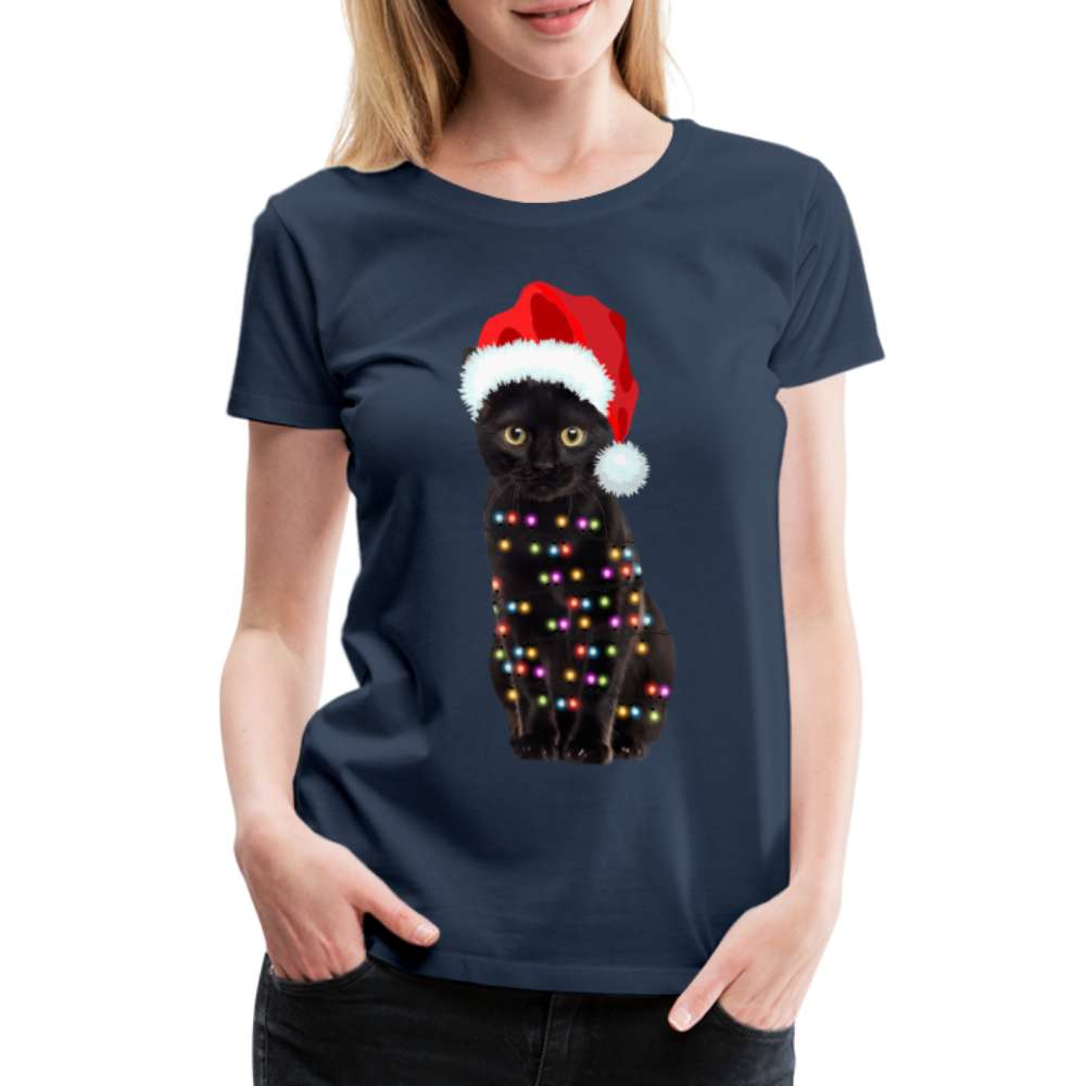 Weihnachten Katze mit Lichterkette Lustiges Weihnachts  Frauen Premium T-Shirt - Navy