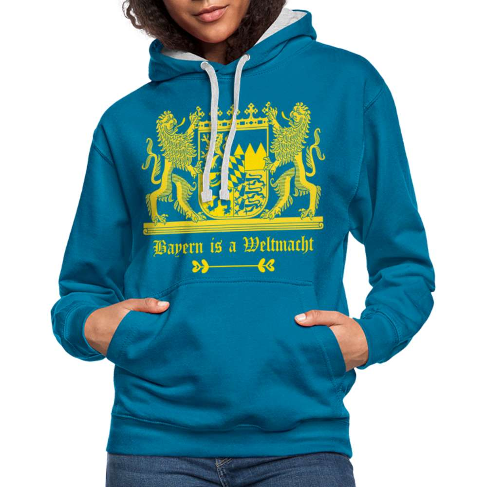 Bayern Is A Weltmacht - Bayern Wappen - Kontrast-Hoodie - Pfauenblau/Grau meliert